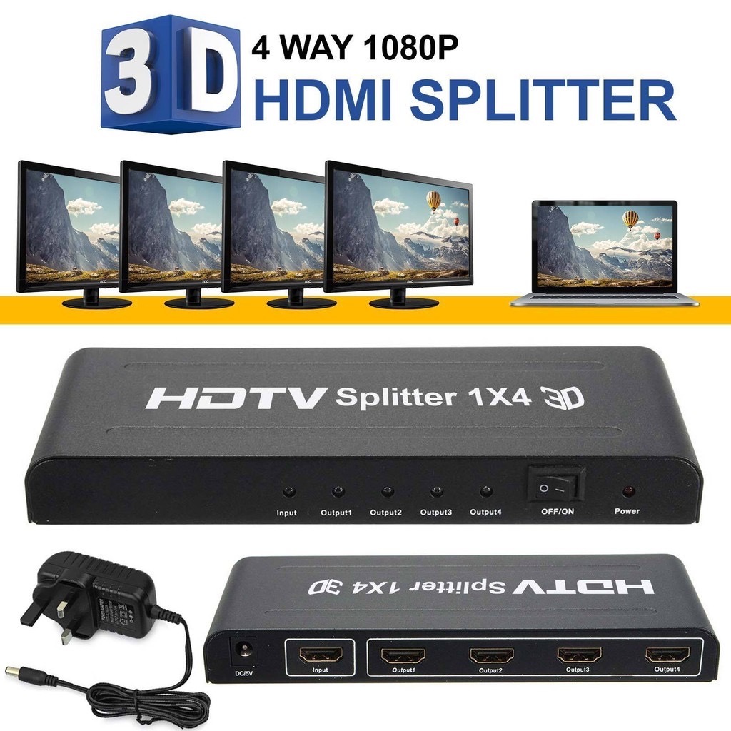 กล่องแยกสัญญาณ Splitter HDMI 1 ออก 4 Full HD 1080P 3D Verion 1.4 (Black)