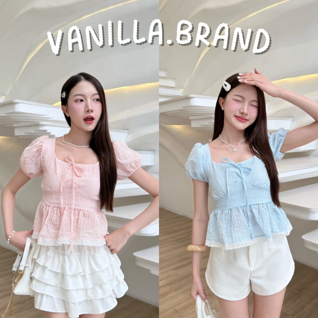 เสื้อคอเหลี่ยม แขนตุ๊กตา แต่งชายระบาย -ttm / VB0217