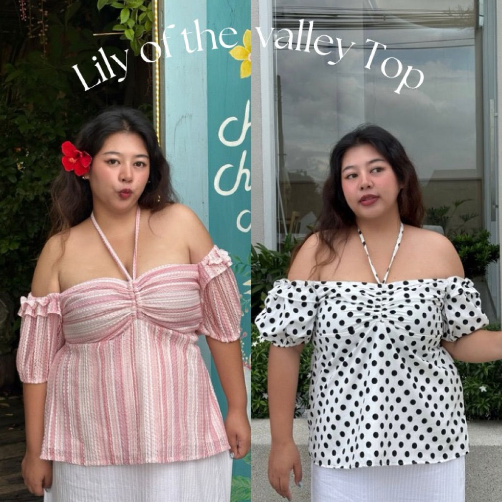 Lily Top เสื้อเปิดไหล่สาวอวบ เสื้อสาวอวบ เสื้อpolka dot สาวอวบ อกใหญ่ถึง48นิ้วค่ะ