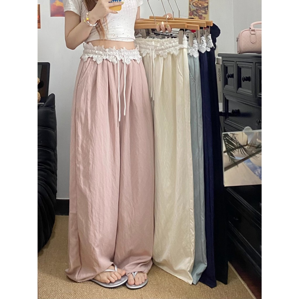 กางเกงเอวสูงผู้หญิง กางเกงลำลอง สไตล์เกาหลี เย็บลูกไม้ ทรงหลวมๆ ทรงสวย