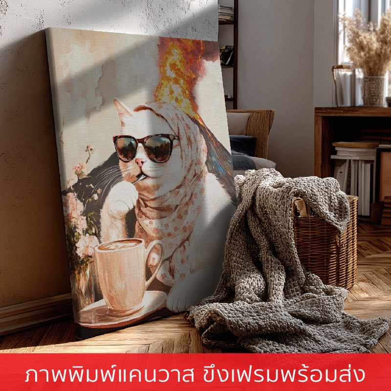 Cat Fire-ภาพแขวนผนัง ภาพพิมพ์แคนวาส พร้อมกรอบลอย [พร้อมส่ง]