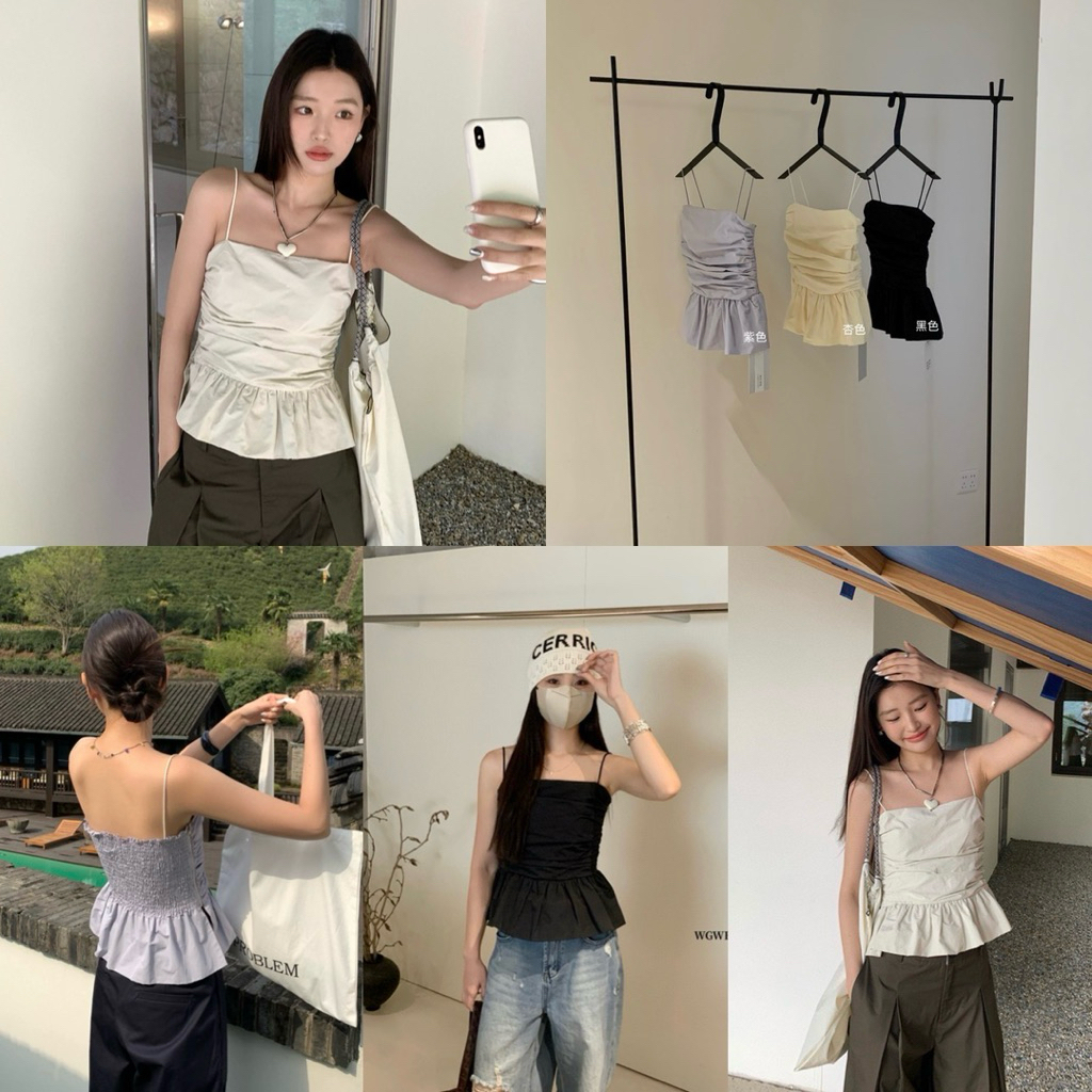 WG.WE 5806 💜 เสื้อสายเดี่ยวสปาเก็ตตี้ เนื้อผ้าcotton ช่วงอกเย็บย่น ชายแต่งระบาย
