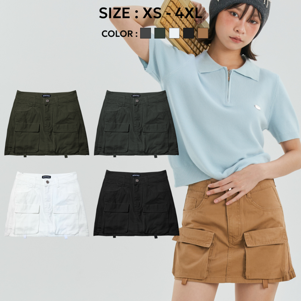 Bemingjeans080(XS-4XL)-Rhea Pocket Mini Skirt – กระโปรงแต่งกระเป๋าหน้าเท่ๆ สไตล์สาวแซ่บลุยๆ