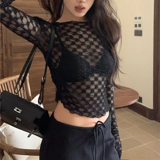 เสื้อถักไหมพรมแขนยาว คอกลม ดีเทลลูกไม้ซีทรู สไตล์เกาหลี แฟชั่น