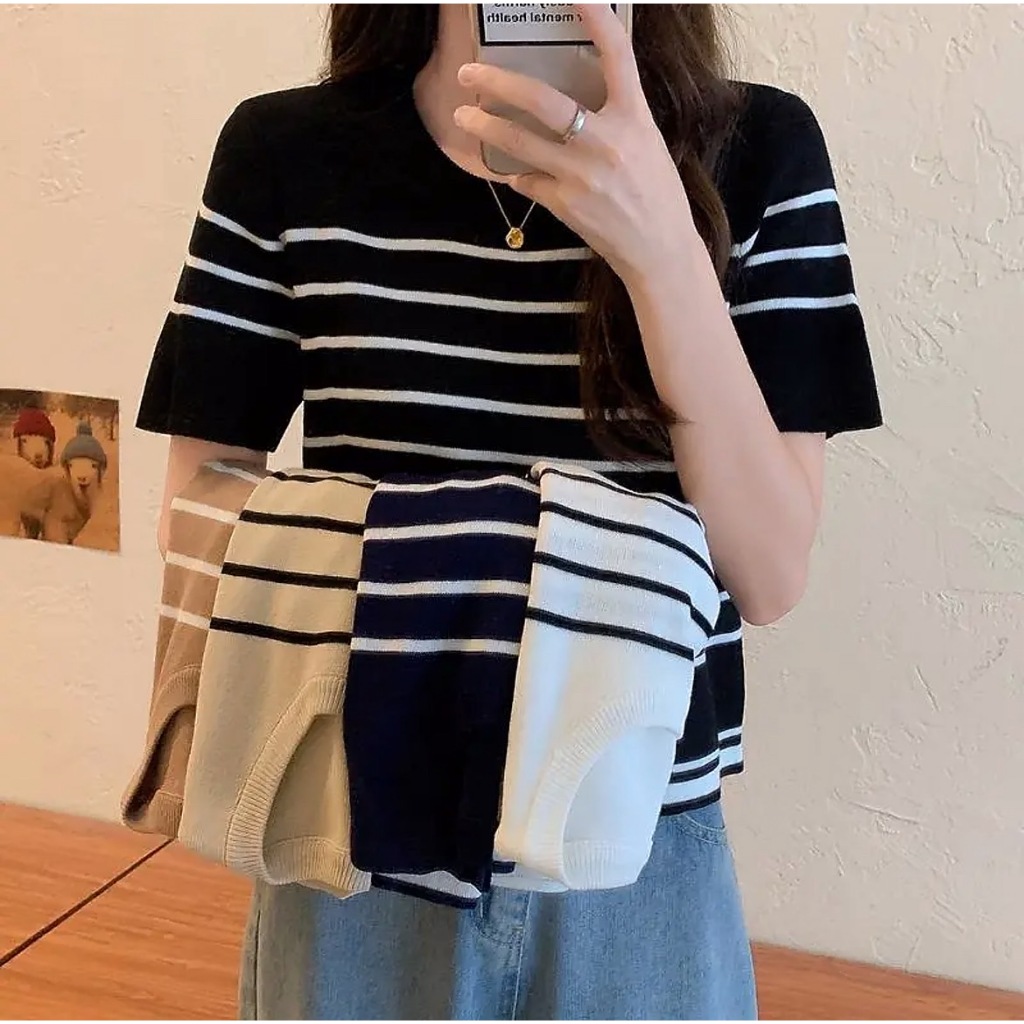 Cynthai 👕🌈  เสื้อไหมพรม คอกลม ลายขวาง สวมใส่สบาย สไตล์เกาหลี 💗✨ #B32