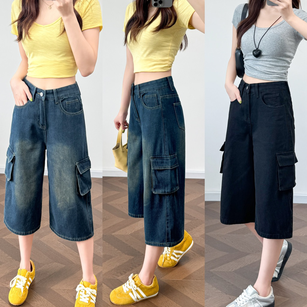 S-5XL กางเกงยีนส์ขา 7ส่วนทรงคาร์โก้ ขากระบอกใหญ่ ใส่ได้ทั้งหญิงทั้งชาย นื้อผ้ายีนส์ไม่ยืด