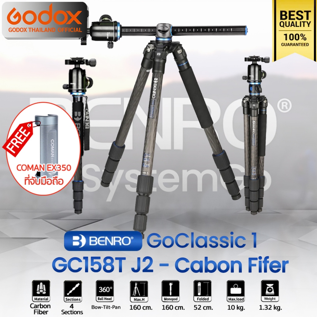 Benro Tripod GC158T J2 Carbon Fiber ขาตั้งกล้อง Monopod, Top View, กางราบ, กลับหัว / Godox Thailand