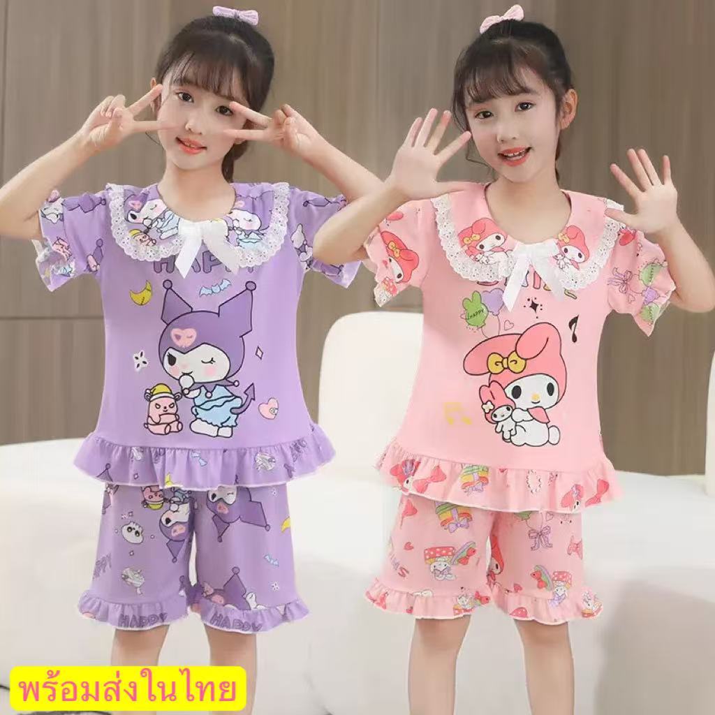 ชุดนอนเด็กผู้หญิงกลางและเด็กเล็กน่ารักการ์ตูนพิมพ์แฟชั่นกางเกงขาสั้นแขนสั้น Jacquard ชุดสองชิ้น