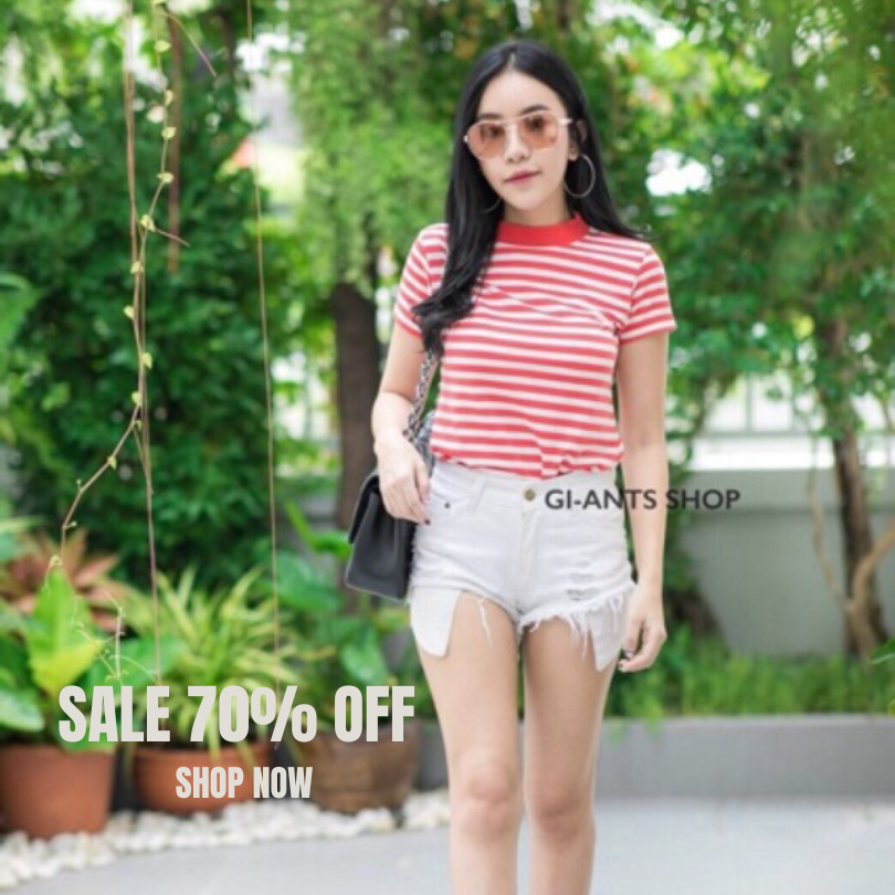 มีส่วนลด🐔🐔GI-ANTS คอเต่าริ้วเกล็ดปลา แขนสั้น CARDIGAN_NISTA (จ3)