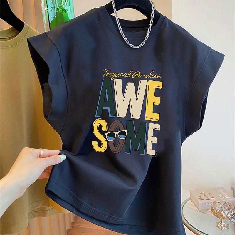 เสื้อแขนกุดลําลองทรงหลวมสไตล์เกาหลี oversize เสื้อผ้าสาวอวบแฟชั่นไซส์ใหญ่ เสื้อยืดสวยๆผู้หญิงที่กําลังฮิต สกรีนลายวินเทจ