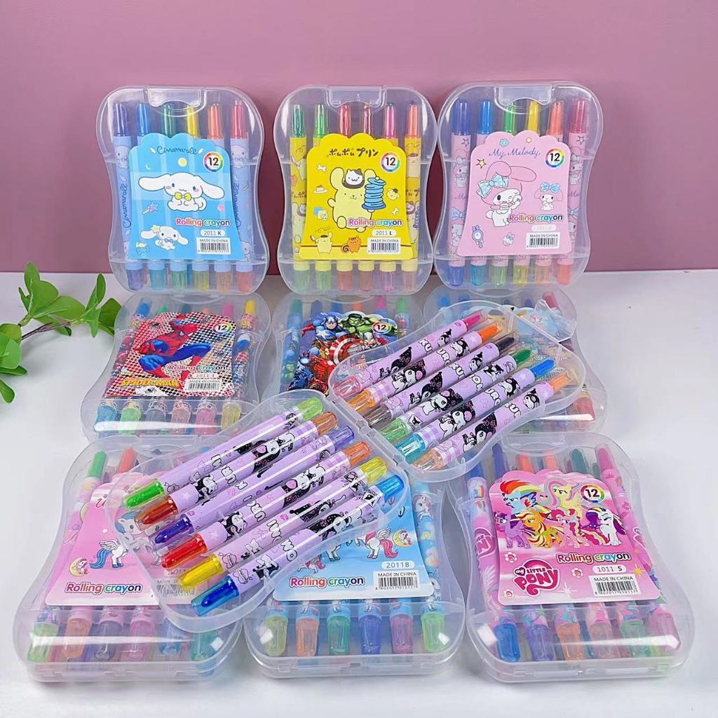 สีเทียนแบบหมุนลายการ์ตูน 12 สี Crayon สีเทียนหมุนได้ ระบายสี เครื่องเขียน อุปกรณ์การเรียน ปลอดสารพิษ สีเทียนสำหรับเด็ก