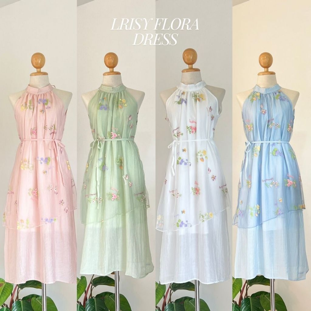 Iris dress เดรสยาวแขนกุดทรงปล่อย มีโบว์ผูกหลังคอ ผ้าเวลปัก มีซับใน (มีเชือกผูกเอว แยกชิ้น)