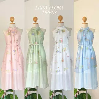 Iris dress เดรสยาวแขนกุดทรงปล่อย มีโบว์ผูกหลังคอ ผ้าเวลปัก มีซับใน (มีเชือกผูกเอว แยกชิ้น)