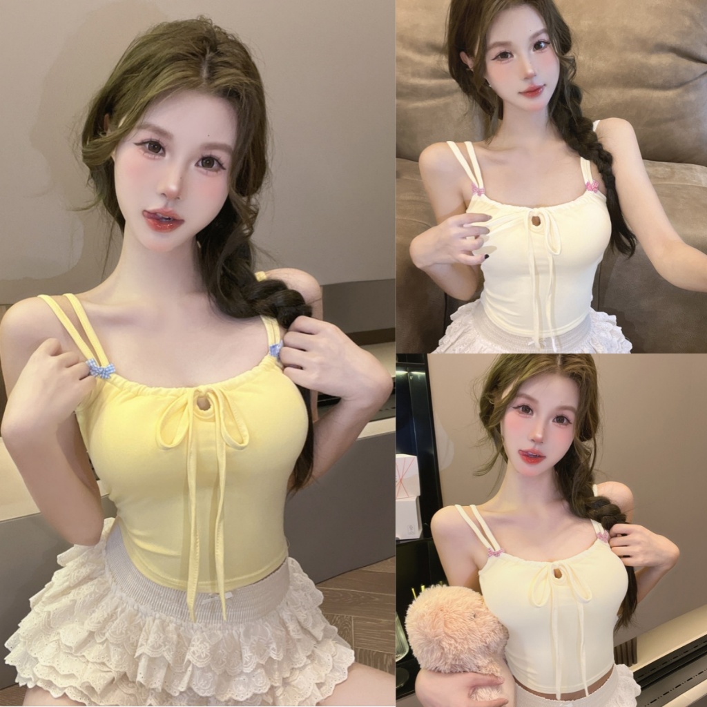 🍐เสื้อกล้ามสายคู่ ตกแต่งโบว์จิ๋ว ดีเทลผูกหน้าอก สไตล์ลำลอง มีฟองน้ำ ผู้หญิง เสื้อกล้ามผู้หญิงเซ็กซี่