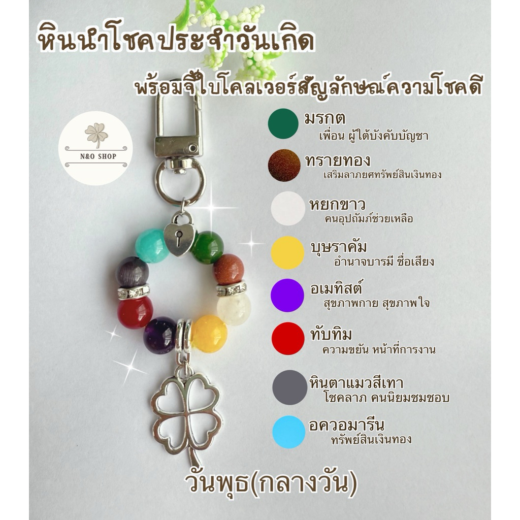 พวงกุญแจหินนำโชค หินแท้100% หินคัดเกรดคุณภาพสูง/หินมงคลประจำวันเกิดพร้อมจี้ใบโคลเวอร์สัญลักษณ์แห่งความโชคดี