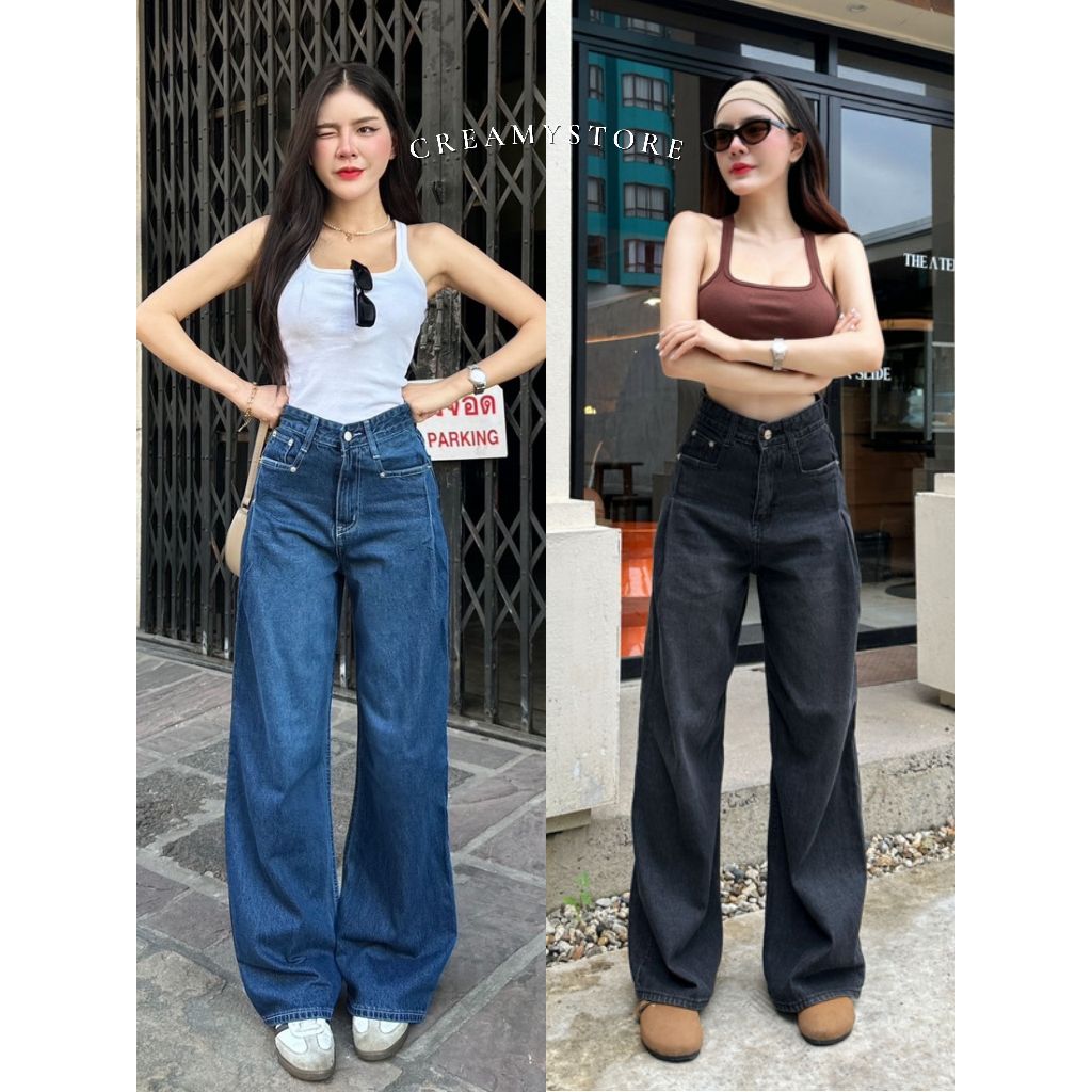 CreamyStore กางเกงยีนส์ขากระบอกใหญ่ กระเป๋าเหลี่ยม ป้ายYam Jeans