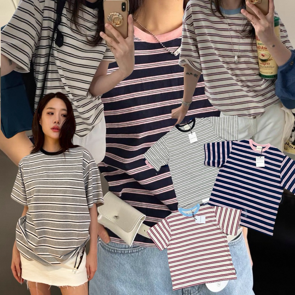 Stripe basic t-shirt  🔖 สไตล์นี้มาแรงที่สุดในชีชั่นนี้เลยค่า เสื้อยืด ผ้าลายริ้ว จับคู่โทนสีได้ละมุน