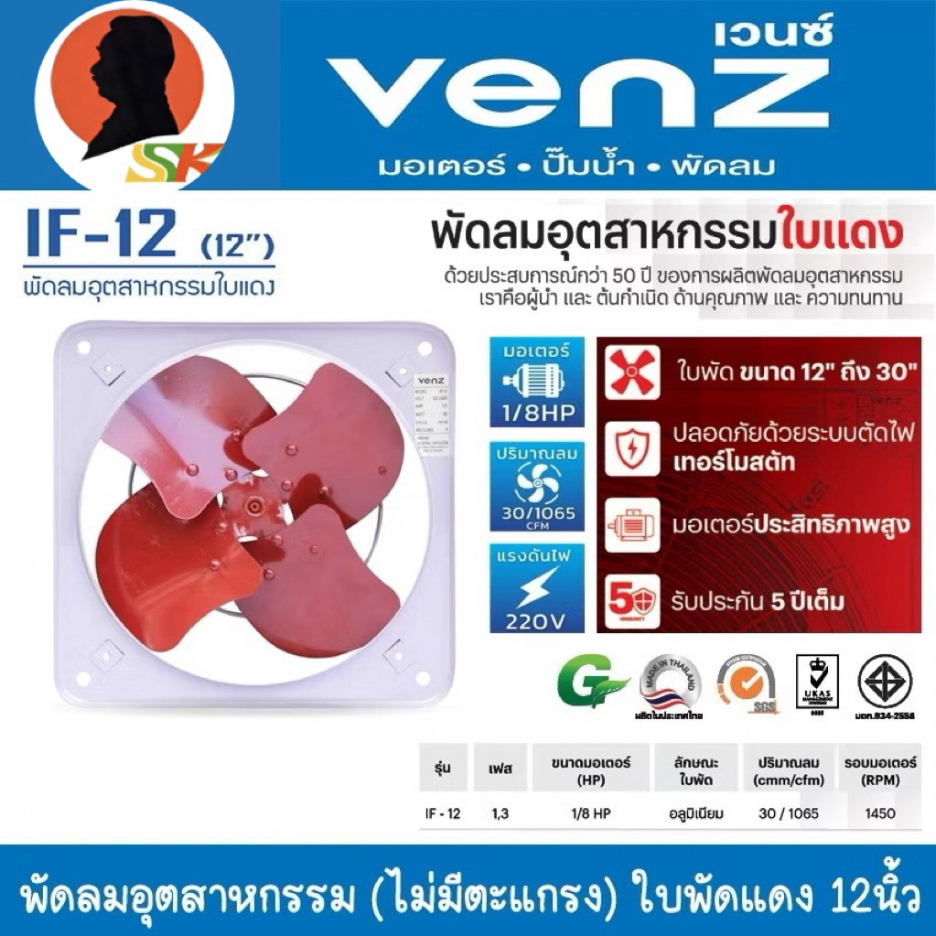 พัดลมอุตสาหกรรม ใช้ดูด-เป่าควัน ใบพัด 12นิ้ว (ไม่มีตะแกรง) ยี่ห้อ VENZ รุ่น IF-12 (รับประกัน 1ปี)