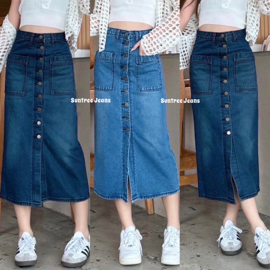 Suntreejeans กระโปรงยาว ผ้ายีนส์ไม่ยืด กระดุมหน้า (S-5XL)