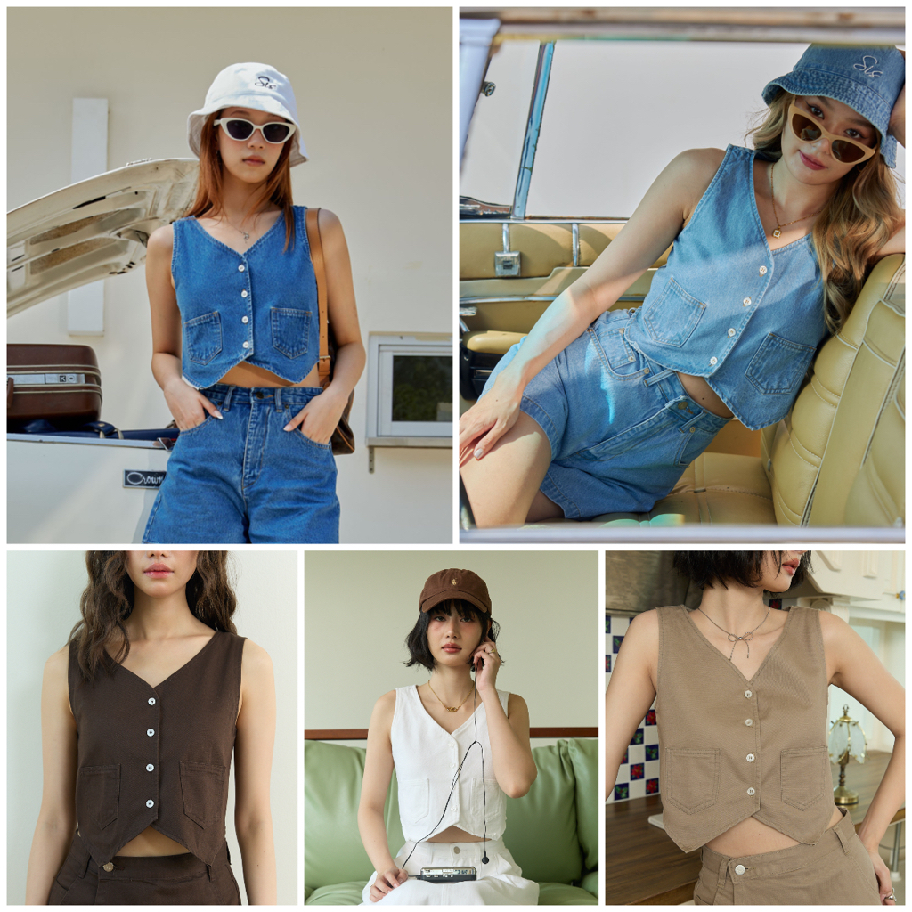 Sis story เสื้อกั๊ก กระดุมหน้า ทรงครอป Sis T06 Lilo cropped button up denim vest - Blue/Dark Blue