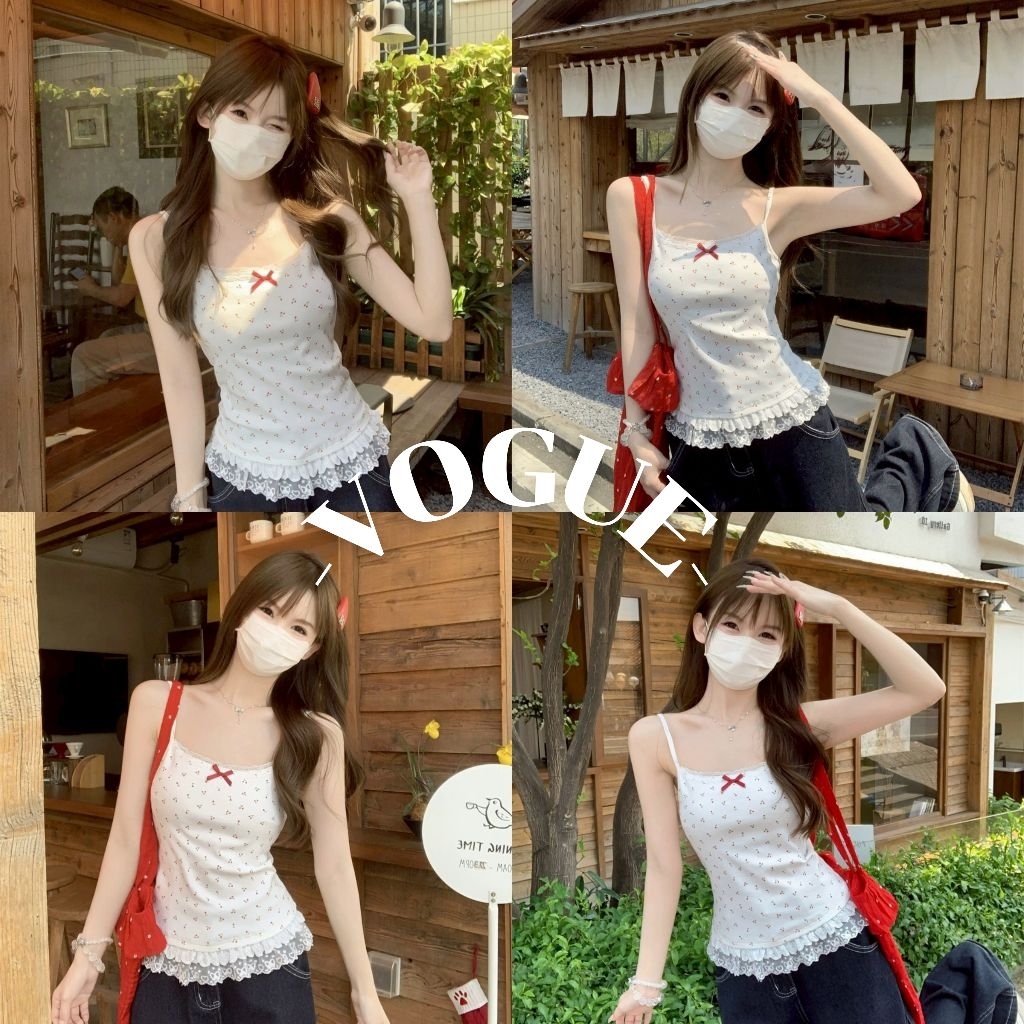 Vogue🌟พร้อมส่ง🌟 เสื้อสายเดี่ยว ผ้าไหมพรม ลายโบว์ สีขาวแดง คาวาอี้ (Y6823)
