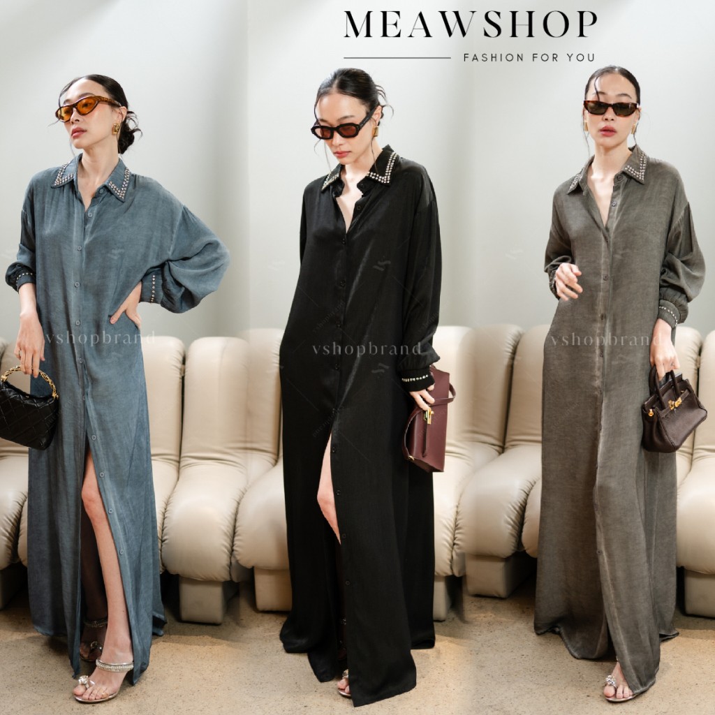 มี4สีค่ะ Maxi เดรสแขนยาวปกเพชร ฟอกสี ชุดวินเทจ ไปงาน ชุดไปเที่ยว ชุดไปคาเฟ่ ชุดไปทะเล ชุดเดรสเท่ๆ งานป้าย Vshop 2502-2