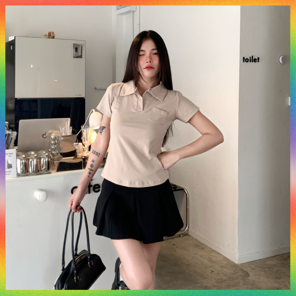 🌈MesubShop🌈เสื้อยืดคอปกโปโล แต่งกระเป๋าช่วงอก กระเป๋าใช้งานได้จริง เสื้อโปโล ผ้ายืดยูนิ ยืดตามตัว รุ่น ยูนิคอปกเป๋า