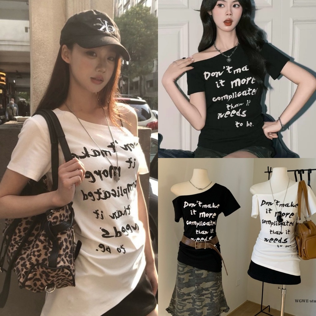 🧡🧵 🇰🇷 W5716 เสื้อปาดไหล่ พิมพ์ลายกราฟฟิค ชายแต่งเฉียงแฟชั่นเกาหลี TAG WG.WE 🧵🧡