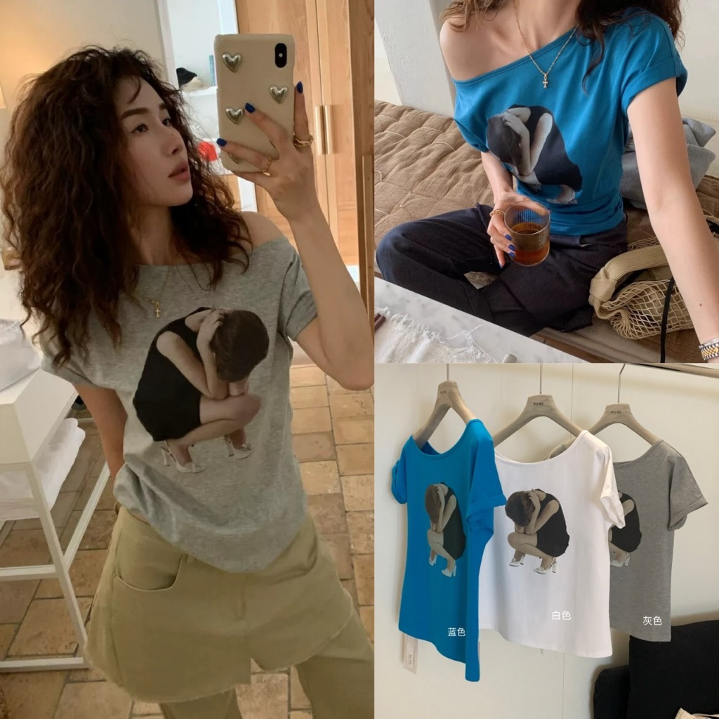 🧡🧵 🇰🇷 W5700 เสื้อยืดปาดไหล่ ผ้ายืด พิมพ์ลายผู้หญิง งานจริงน่ารักมากแฟชั่นเกาหลี TAG WG.WE 🧵🧡