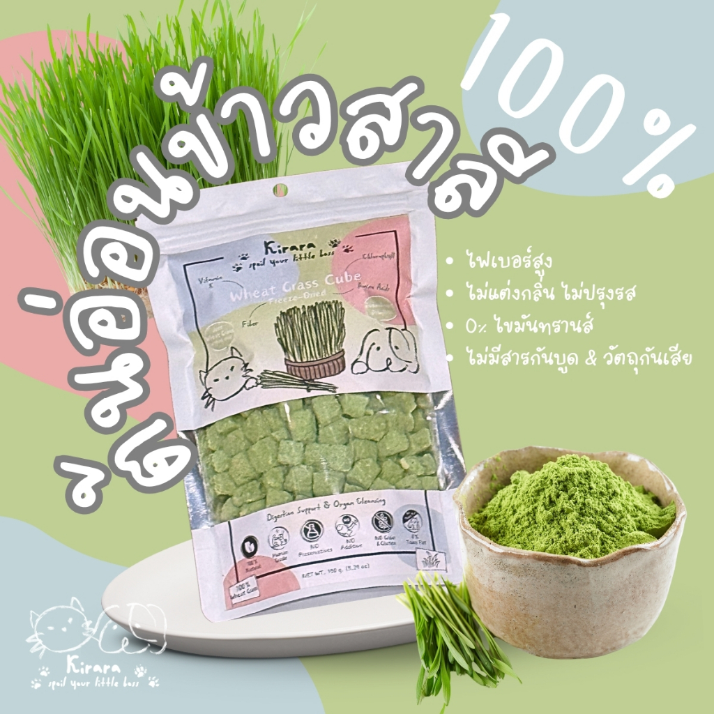 ต้นอ่อนข้าวสาลีฟรีซดราย (หญ้าแมว) ขนมหมาแมวเพื่อสุขภาพ Kirara (Freeze dried Wheat Grass Cube 100%)
