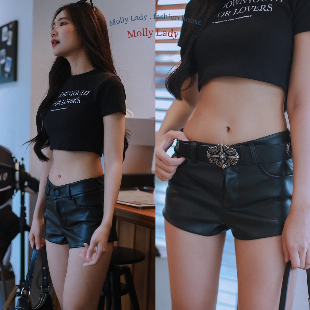 Molly Lady❤️ Molly BLACK shorts กางเกงขาสั้นหนัง สีดำล้วนสไตล์เกาหลี มีซับในผ้า All black leather