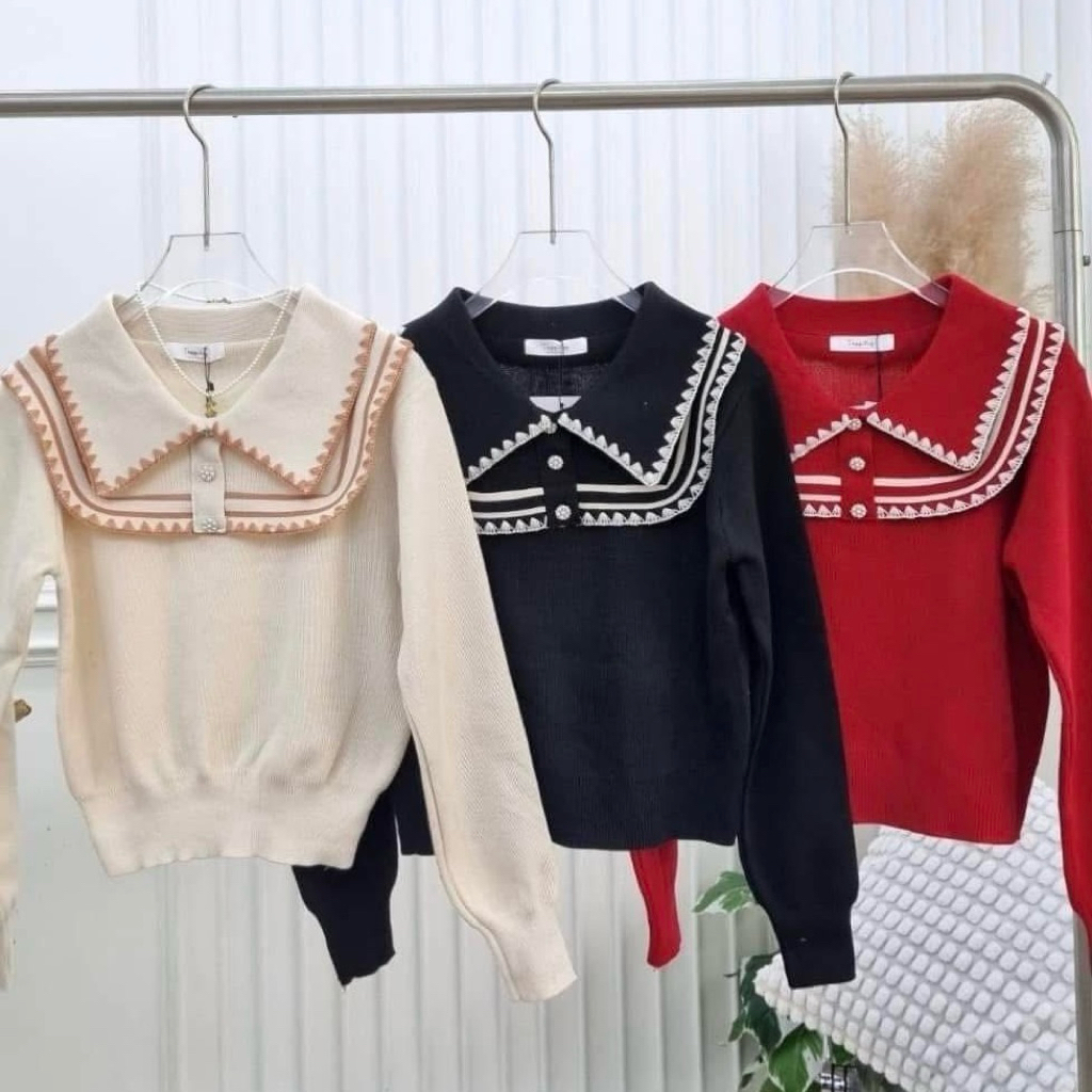เสื้อยืดไหมพรมคอปกแขนยาว สีพื้น แต่งลายลูกไม้สวยหวาน ฟรีไซส์ อก40-44 ยาว23 นิ้ว