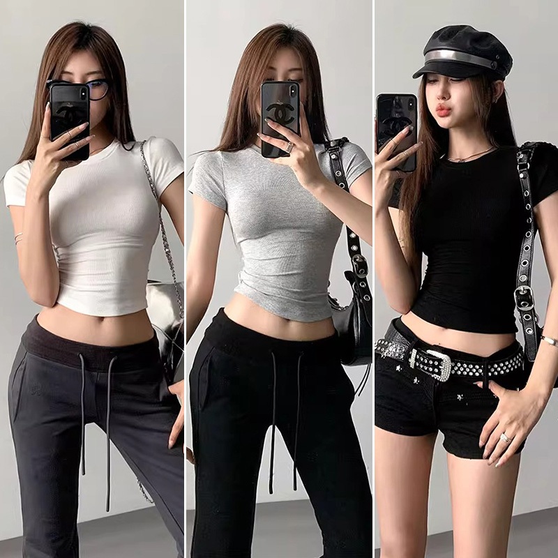 เสื้อยืดผู้หญิง เสื้อครอปท็อป เสื้อรัดรูป เซกซี่ คอกลม สีพื้น สาวฮอตต้องมี เข้ากับทุกสไตล์ #F044