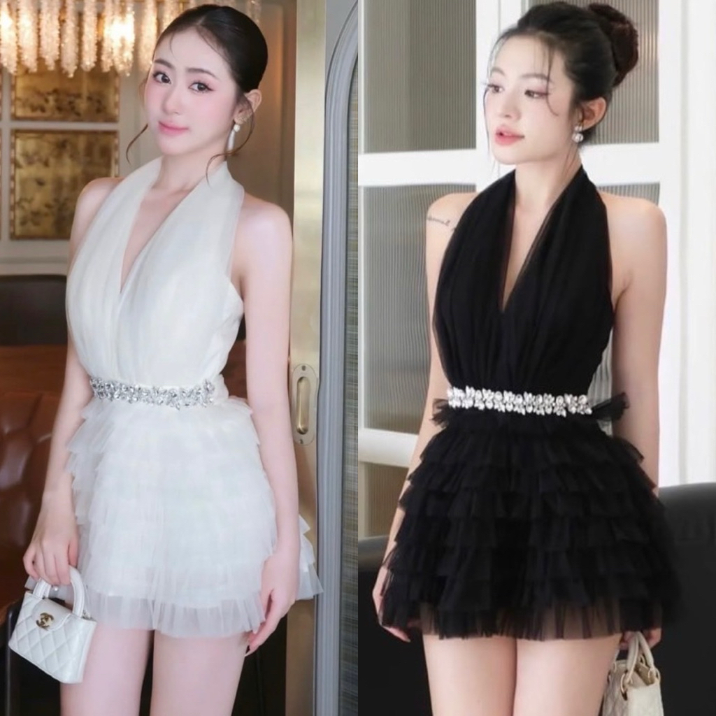 Sakurabrand | Minidress งานคล้องคอ ทรง A-LINE งานผ้าชีฟองอย่างดี แต่งงานเพชรช่วงเอว | มี 2 สี | XS S