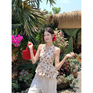 Bentoy(8K186)เสื้อกล้ามแขนกุด สายห้อยคอ หน้าวี สม็อคหลัง แต่งปลายระบายน่ารักมาก