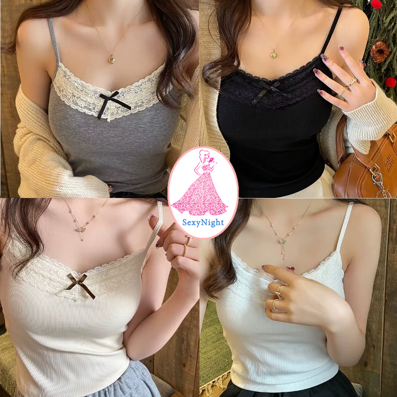 SexyNight 🌞🌞 ชุดนอนผู้หญิง เสื้อกั๊กสายเอี๊ยม สั้น คอวี ทรงเข้ารูป มีโฟม ใส่สบาย ราคาถูก ส่งจากไทย