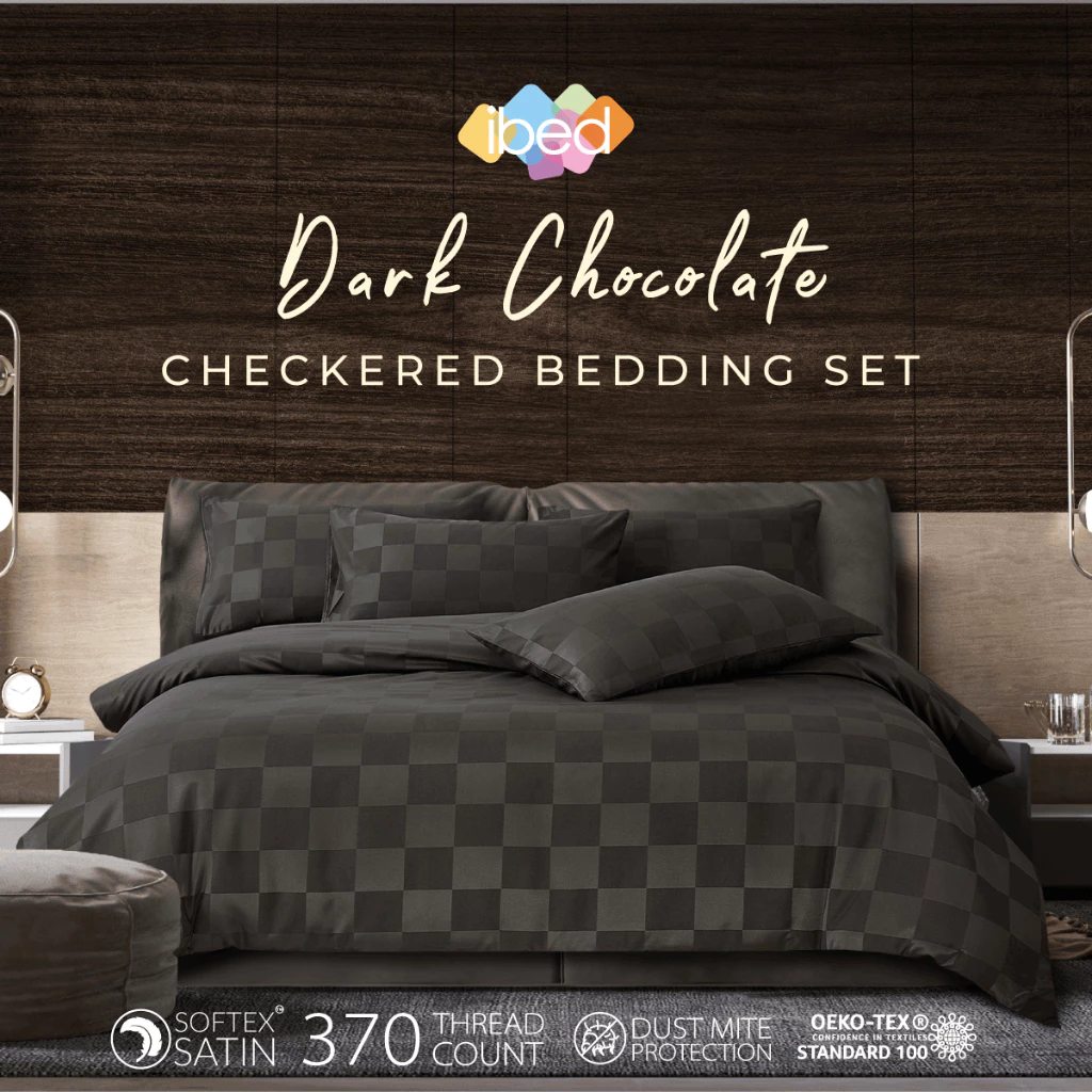 ibed ชุดผ้าปูที่นอนทอลายครบเซ็ท Softex Satin (ทอลายตาราง) Dark Chocolate - CHECKERD COLLECTION