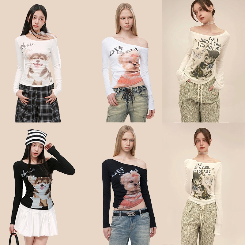 ELLY พร้อมส่ง✨เปิดไหล่ เสื้อยืดผู้หญิงแขนยาว สาวฮอต สวยเซ็กซี่ ใส่ผอมทันใจ แฟชั่น น่ารักๆ ใส่แล้วดูผอม สไตล์คาวาอี้