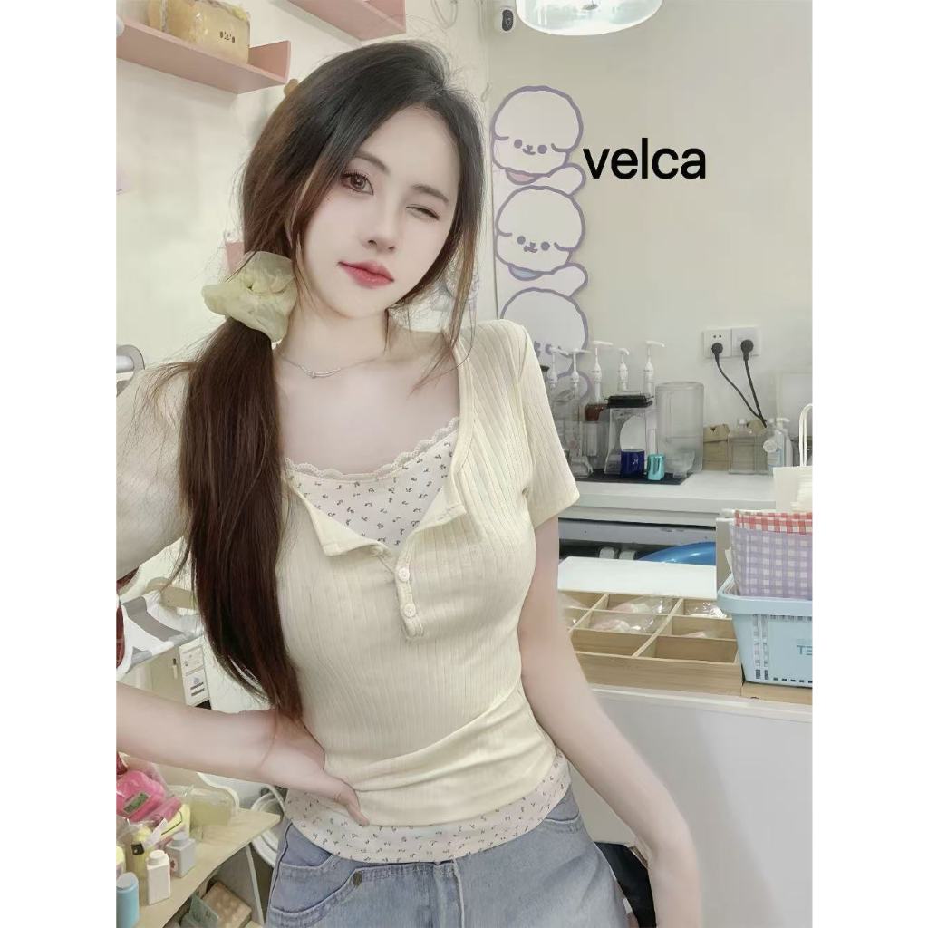 Velca เสื้อยืดแขนสั้นลายดอกไม้  คอกลม ดีไซน์ 2ชั้น เสื้อยืดผู้หญิง ใส่สบาย สาวอวบใส่ได้ Velca