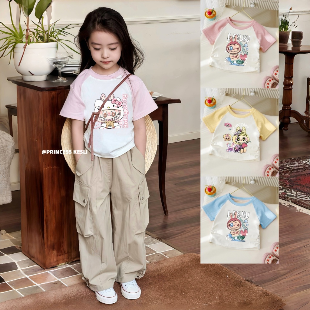 PRINCESS KESLI เสื้อยืดแขน พิมพ์ลายการ์ตูนน่ารัก สไตล์เกาหลี ตะวันตก แฟชั่นฤดูร้อน สําหรับเด็กผู้หญิง 2-12 ปี