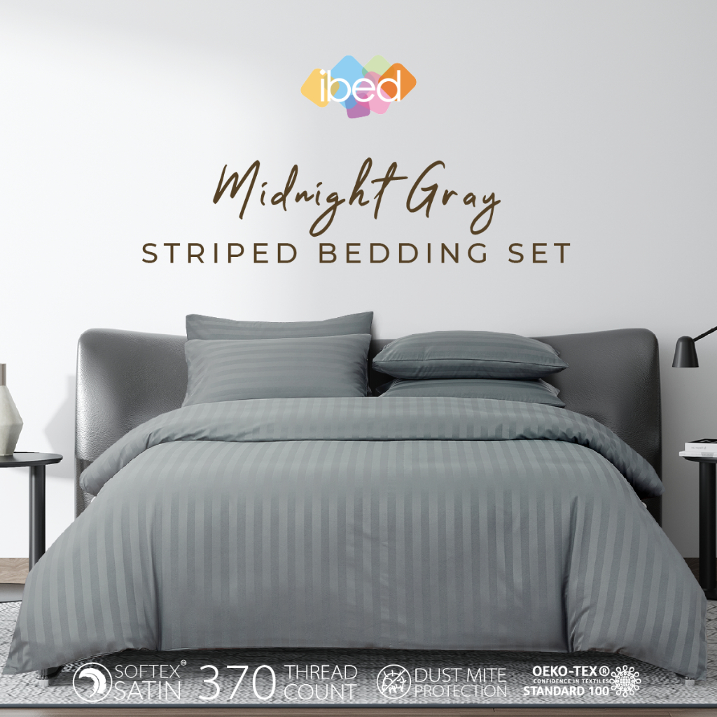 ibed ชุดผ้าปูที่นอนทอลาย Softex Satin (ทอลายริ้ว) Midnight Gray - STRIPED COLLECTION