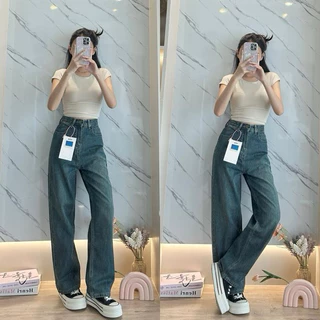 ⭐919JEANS⭐กางเกงยีนส์กระบอกใหญ่ยีนส์สนิมเขียวฟอก กางเกงยีนส์ขายาวเอวสูงทรงกระบอก