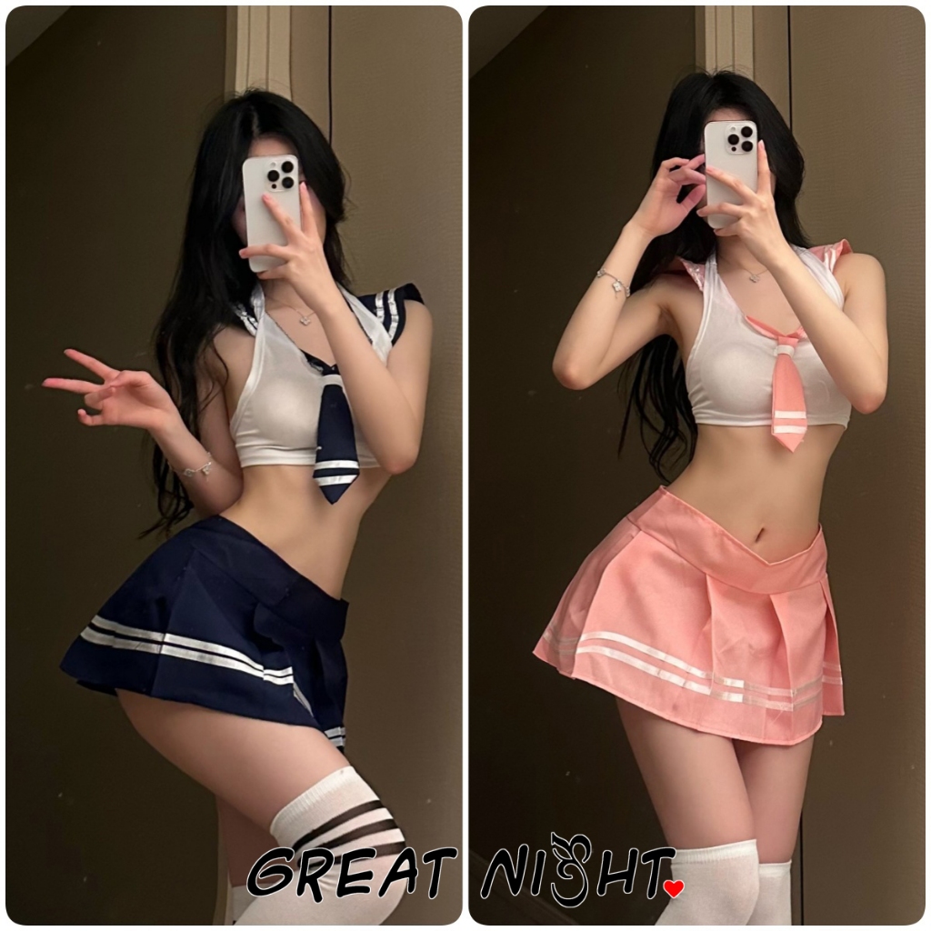 💗Great Night💗เสื้อผ้าเซ็กซี่ ชุดนอนเซ็กซี่ สไตล์ JK กระโปรงสั้น เปิดสะดือ ลื่น นักเรียนหญิง ผูกโบว์ คุณภาพสูง บาง
