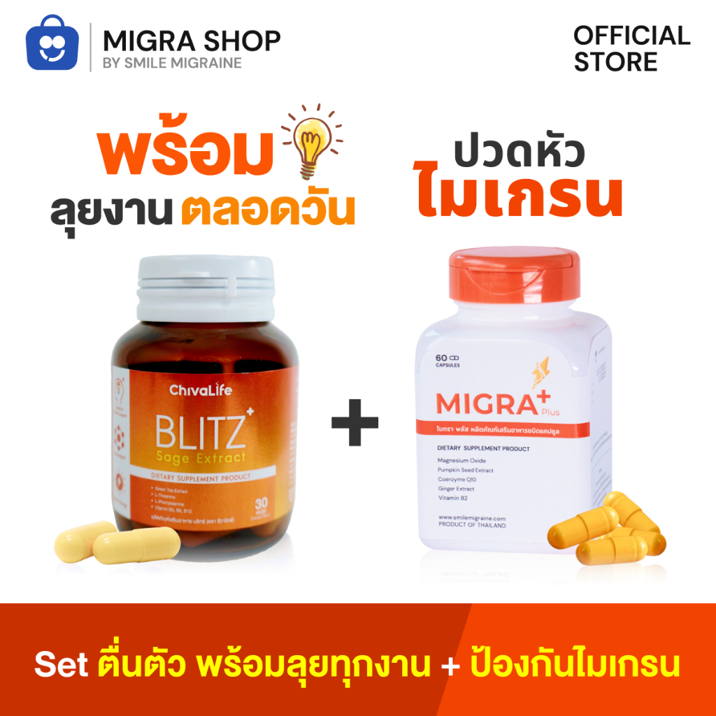 [ MIGRA PLUS 1 กระปุก ➕ BLITZ 1 กระปุก ] เซ็ตตื่นตัว พร้อมลุยทุกงาน + ป้องกันไมเกรน