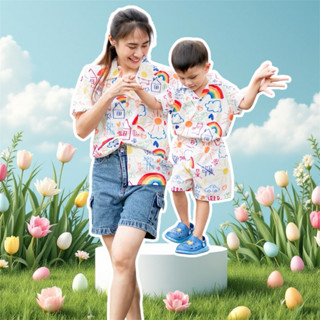 ชุดเด็กเสื้อกางเกง เสื้อฮาวายครอบครัว ผ้าไหมอิตาลี่  ลายสายร…