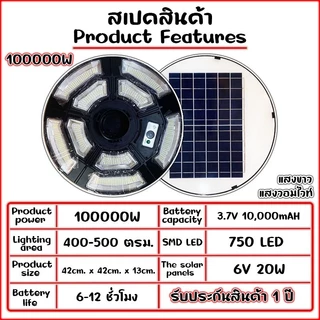 ไฟโซล่าเซลล์ สว่างยันเช้า UFO 100,000w 9ช่องไฟ 750LED. พลังงานแสงอาทิตย์100%