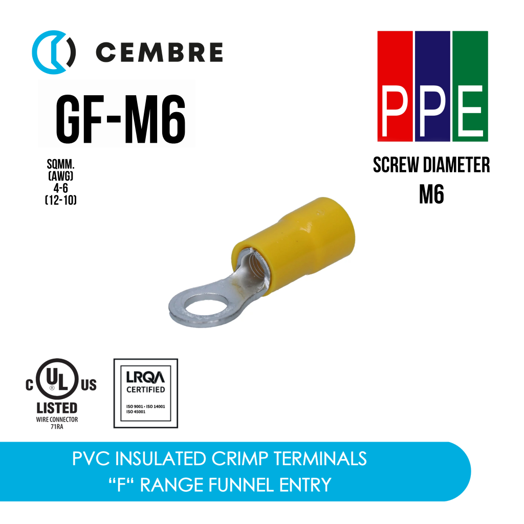GF-M6 [Cembre] หางปลาหุ้มฉนวน แบบกลม 4-6 Sqmm. รูน๊อต M6 Insulated Ring Terminals [ขายยกถุง 100Pcs/Pac]