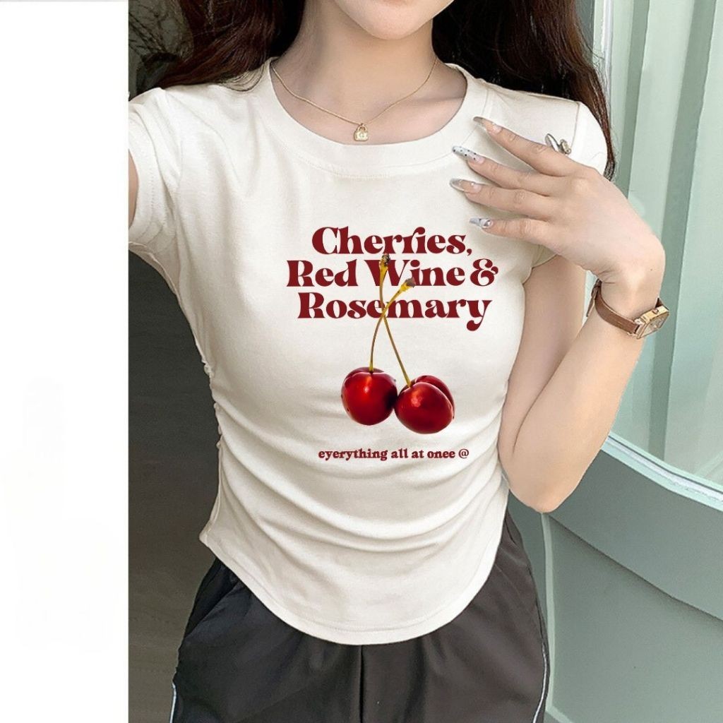 เสื้อยืด เสื้อยืดคอกลม สายหวาน ลายเชอรี่ เเมทช์ง่ายป#2325