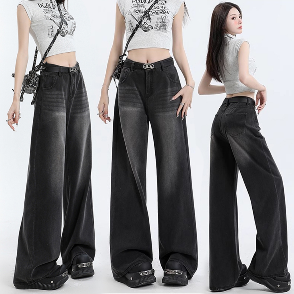 S~5XL Baggy jeans สีดำ กางเกงยีนส์ กางเกงยีนส์สีดำ ทรงตรง หลวม เอวสูง