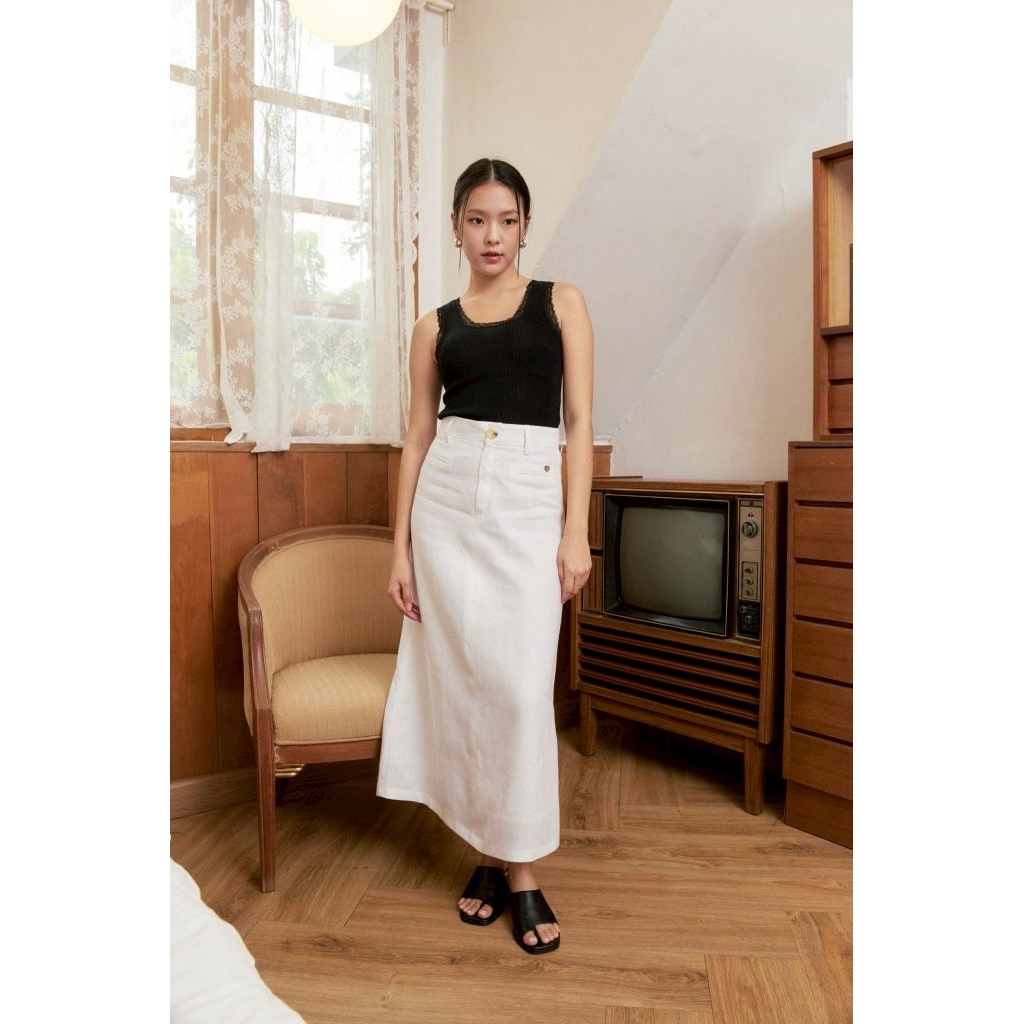 PLOWBRANDS - SK1010/02  Midi skirt ผ้าลินินแท้ S-2XL ผ่าด้านหลังสูง  มีหูเข็มขัด ติดกระดุมหน้า
